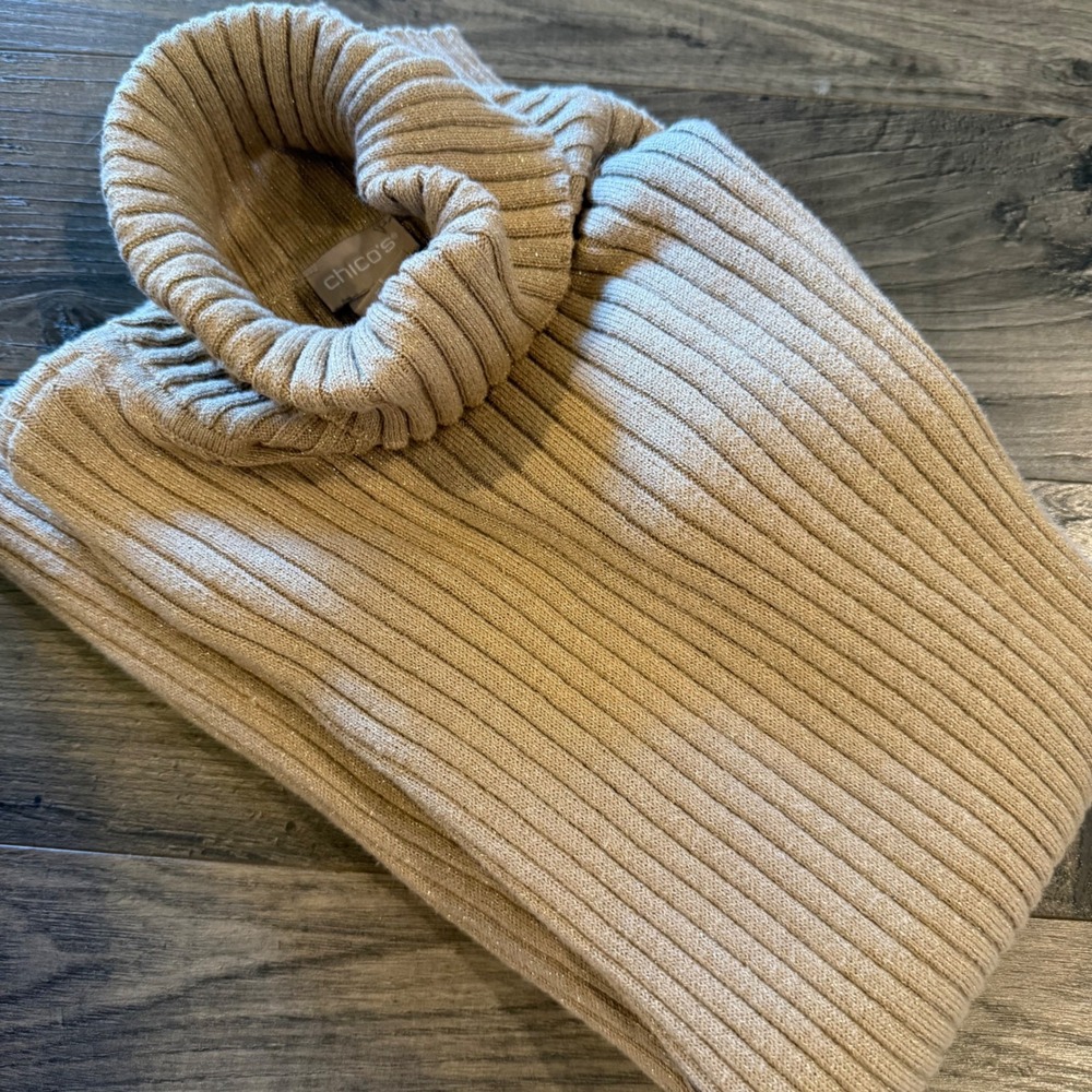 Chicos Ribbed Turtleneck Sweater Tan Beige Metallic Shimmer Size 1 Medium